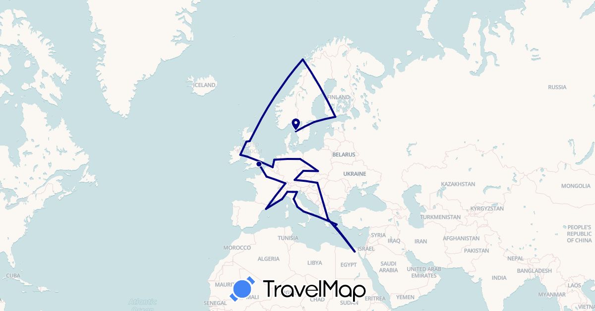 TravelMap itinerary: driving in Belgium, Switzerland, Czech Republic, Germany, Egypt, Spain, Finland, France, United Kingdom, Greece, Hungary, Ireland, Italy, Monaco, Netherlands, Norway, Poland, Sweden (Africa, Europe)